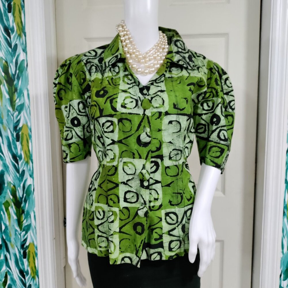 African Handsewn Print Tribal Cotton Puff Sleeve Office Button-Up Shirt Green S - Picture 2 of 11